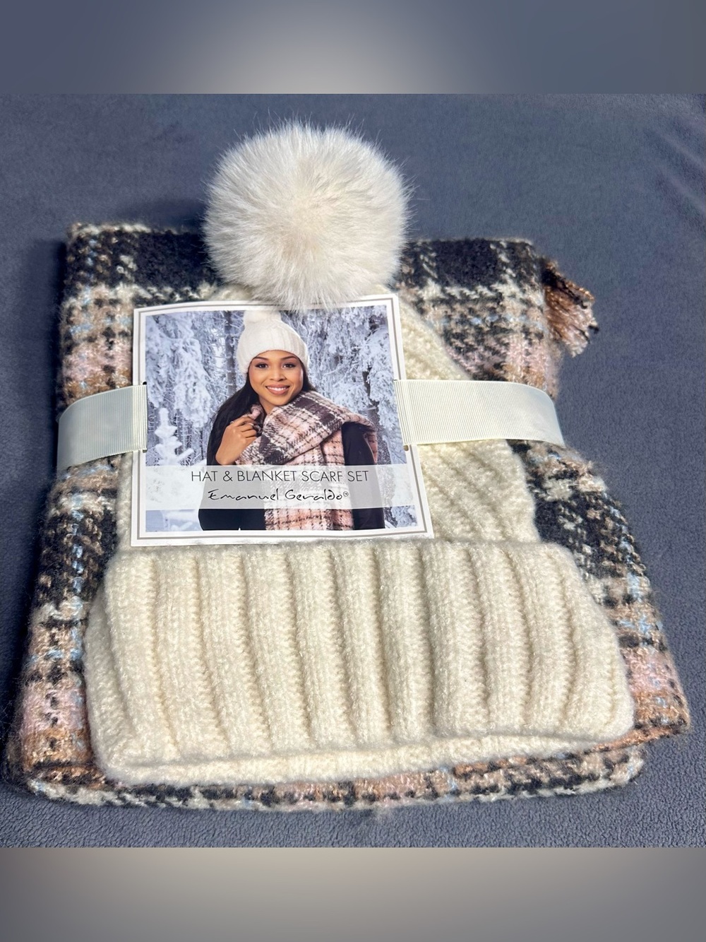 Emanuel Ungaro Cream, Tan & Black Plaid Hat and Blanket Scarf Set